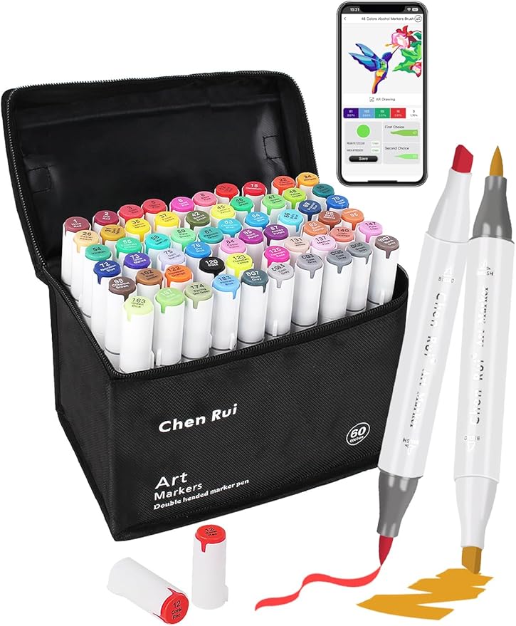 YHC 60 Colors Alcohol Markers Brush Tip with Free App, Chen Rui Series Chisel & Brush Tips Alcohol Brush Markers for Adults Coloring, Drawing, Painting, Illustration, Sketching