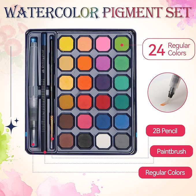Floral Watercolor Painting Kit for Adults & Beginners with 24 Paints, 3 Brushes,Watercolor Workbook & photo album | 12 Original DIY Patterns, Step-by-Step Tutorials | Beginner-Friendly Creative Gift