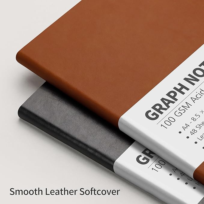 RETTACY Graph Grid Paper Notebook, 96 Pages, A4 Large Size (8.5'' x 11''), 5 Squares per Inch, Leather Softcover, 100 GSM Thick Paper, for School, Students, Math, Engineering (Brown)