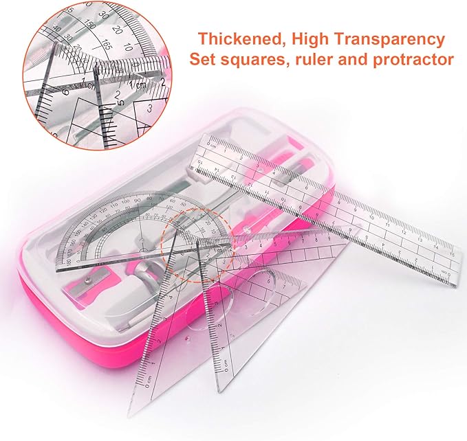 Maths Compasses Full Starter Geometry Kit with 2 Drafting Compasses Protractor 2 Set Squares Ruler Pencil and More for Students Maths Study Homework etc. Pink