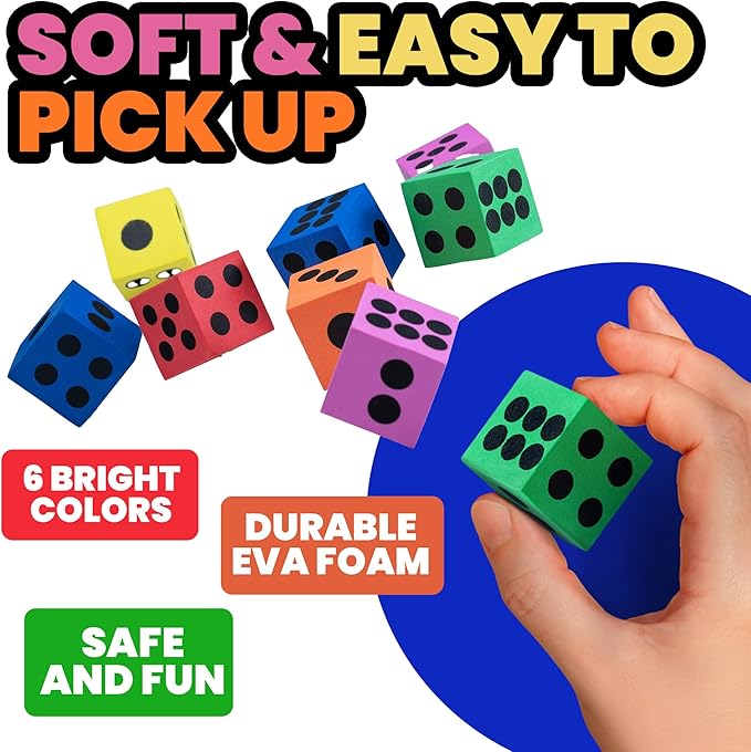 Foam Dice Set - Bulk Pack of 12, 1.5 Inch Large Assorted Colorful Foam Dice Cubes with Number Dots, Use for Kids, Classrooms, Math Games, Building Toys, Party Supplies by Bedwina