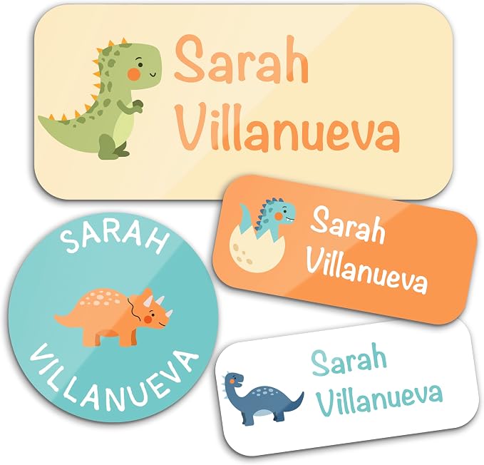 Personalized Waterproof Name Labels for Kids | Optional Packs 50, 150, 230 Labels | Custom Name Stickers for Kids' Clothing Tag, Water Bottle, Lunch Box, Customize Kid Name Label for Daycare Dinosaurs