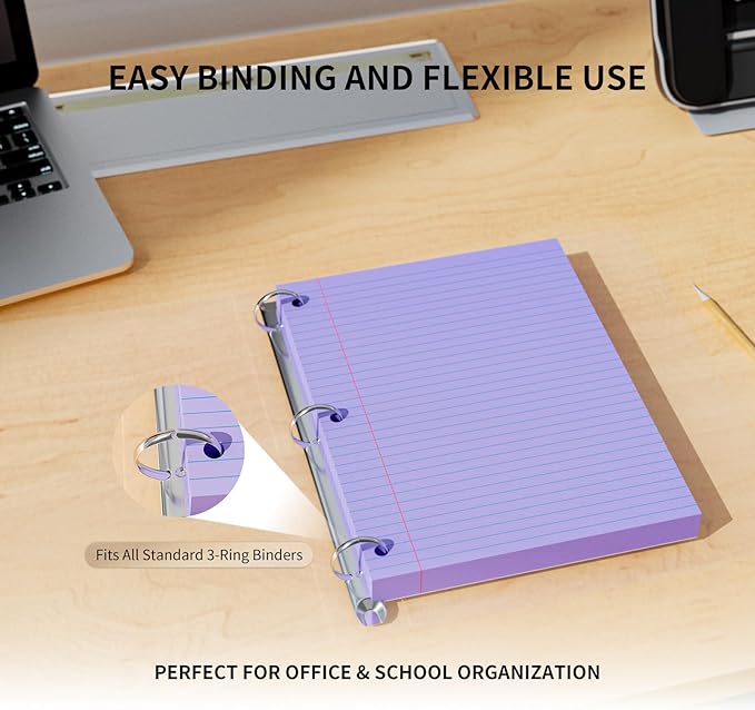 500 Sheets Loose Leaf Paper 8" x 10.5" Colored Filler Paper College Ruled 3-Hole Punched Lined Paper Notebook Paper for 3-Ring Binders Notepad Writing Note Pads Ideal for Home, School, Office