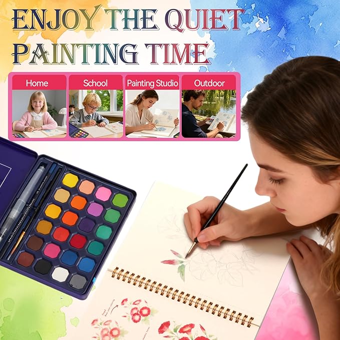 Floral Watercolor Painting Kit for Adults & Beginners with 24 Paints, 3 Brushes,Watercolor Workbook & photo album | 12 Original DIY Patterns, Step-by-Step Tutorials | Beginner-Friendly Creative Gift