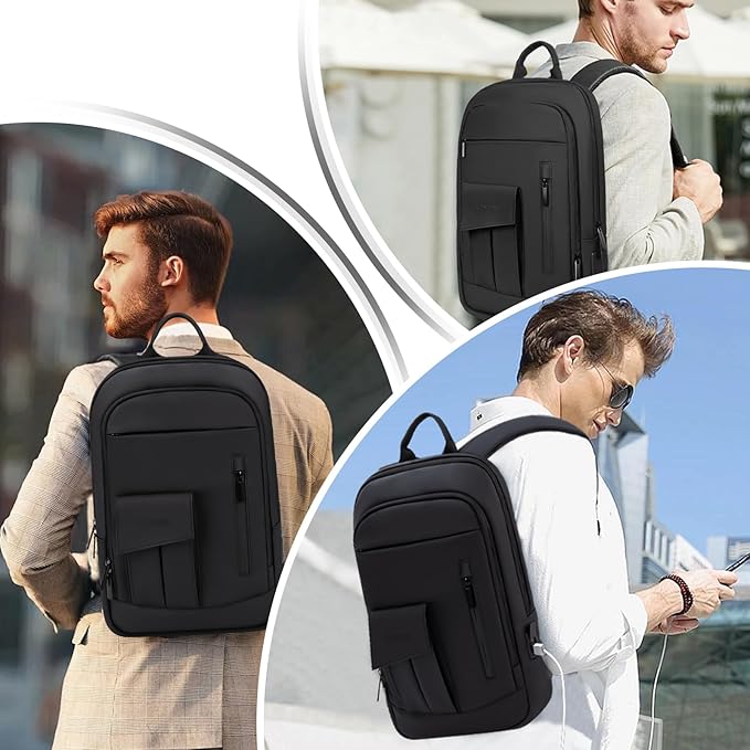 Business Backpack for Men Slim Lightweight Laptop Backpack for 17.3 Inch Computer Water Resistant Small Office Backpack for Commute Travel Daily Office Work with Small Bag (Black, 17.3")