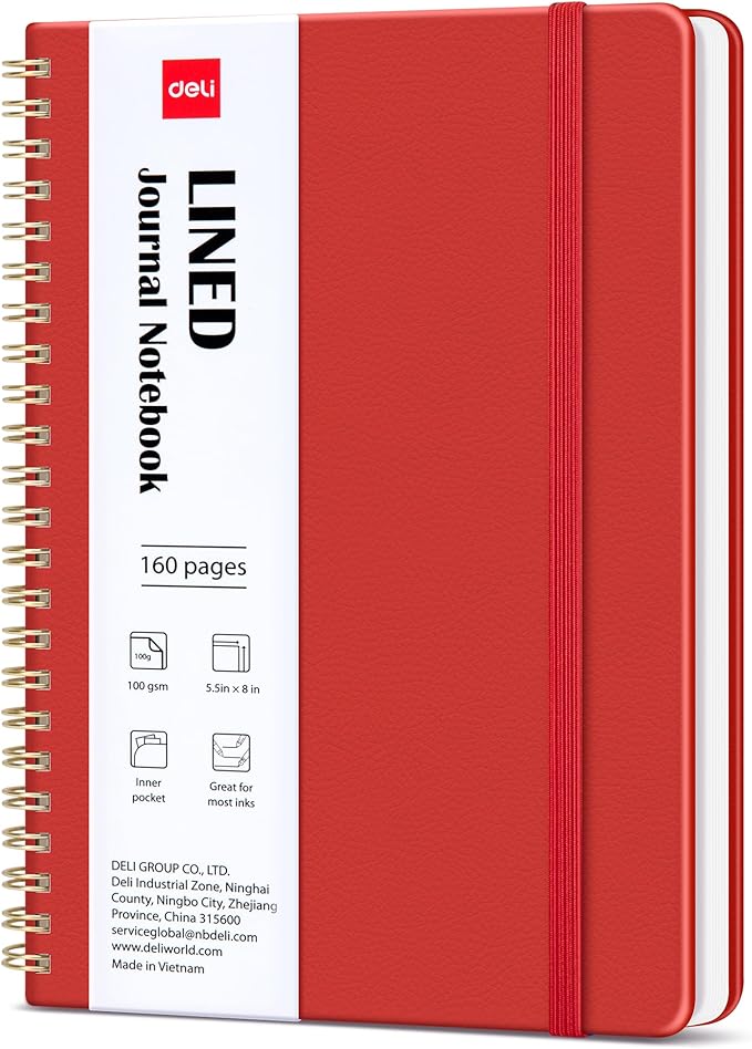 deli Red Lined Spiral Journal Notebook, 160 Pages, A5 (5.5"x8") Hardcover Writing Notebook, College Ruled Spiral Bound Journal for Women & Men - Perfect for Work, School, Office & Note Taking