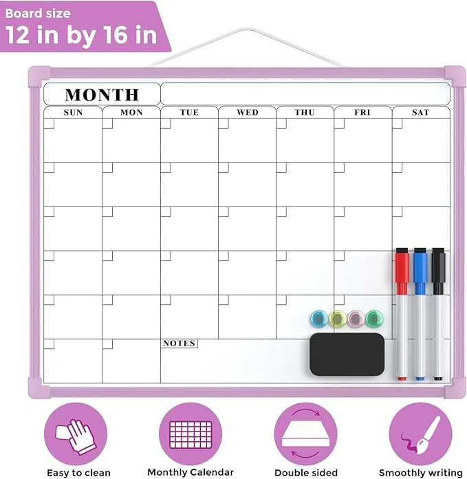 MaxGear Monthly Calendar Dry Erase Board for Wall, 16"x12" Small Hanging Double-Sided White Board, Portable Whiteboard for Planning, Drawing, Memo, to Do List, School, Home, Office, Purple Frame