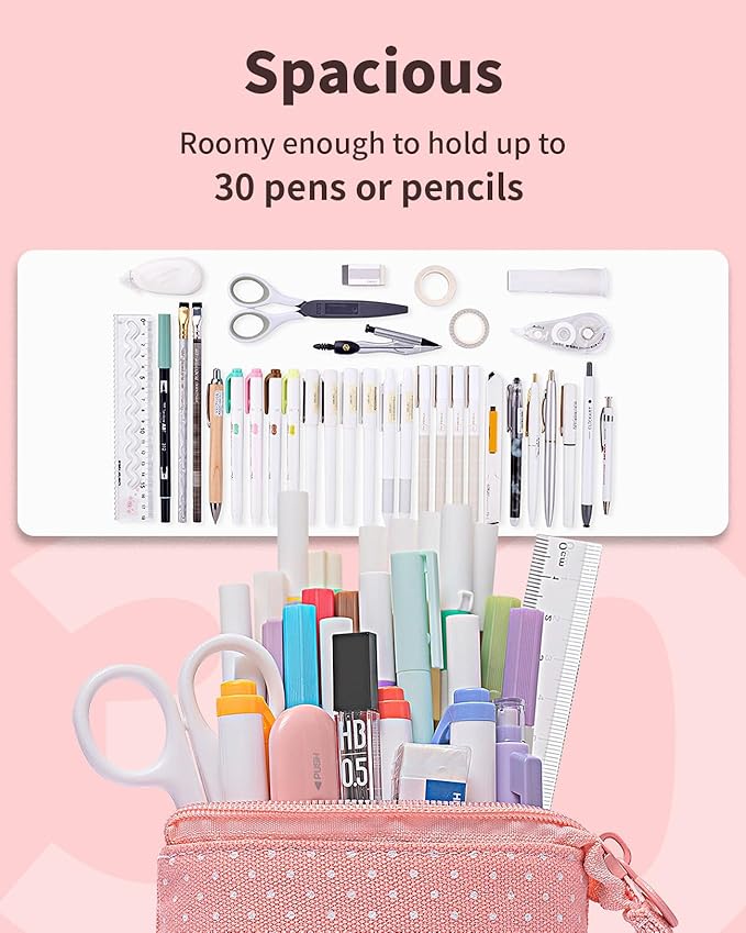 Sooez Standing Pencil Case, Cute Stand up Pencil Pouch, Telescopic Pen Pouch, Portable Pencil Holder, Kawaii Stand up Pencil Case, Spacious Pencil Pouch Bag for School Office Supplies, Pink