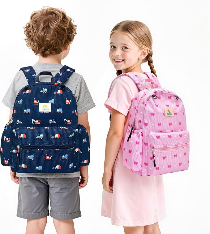 STEAMEDBUN Corduroy Kids Backpack for Girls and Boys 5-8: Girls Backpack for Elementary Kindergarten - 15 inch Cute Backpacks for Kids - Pink Bow