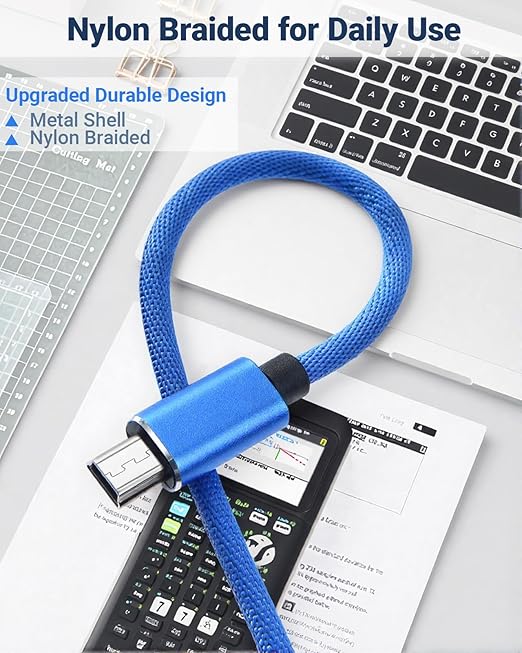 Mini USB Charger Cable for Texas Instruments Calculators, TI-84 Plus CE, TI-84 Plus C Silver Edition, TI-Nspire CX CAS, USB Charging & Data Sync, Nylon Braided 3.3FT (Blue)