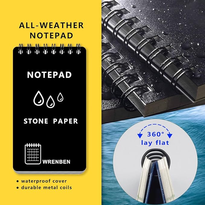 4PCS Waterproof Spiral Notebook 3"x5" with Stone Graph Paper, All-Weather Pocket Notepad A7, Memo Steno Pads for Outdoor Work, Travel, Field, Military (Black, 4 Pack)