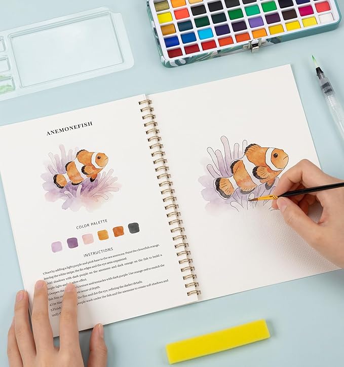 Watercolor Workbook Seaside, Water Coloring Book, 12 Different Patterns of Original DIY Designs, 50 Colors Watercolor Paint Set with Palette and Brush, Beginner-Friendly Watercolor Workbooks (Seaside)