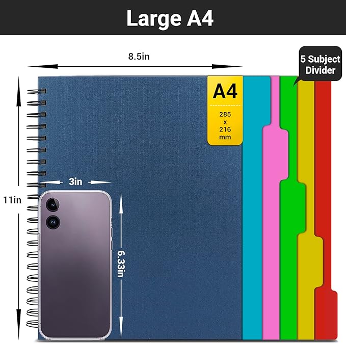 EUSOAR 5 Subject Notebook College Ruled, 3pcs A4 11" x8-1/2 Spiral Writing Pad, Thick Hardcover, 100GSM 120Sheets/ 240Pages of Lined Paper, for School, Home Supplies, Office and Business, Royal Blue