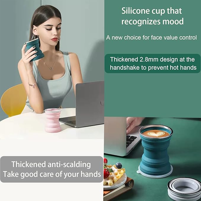 Silicone Collapsible Travel Cup, 2 Pack 320 ML Collapsible Silicone Cup with Lid, Expandable Drinking Cup Set, Reusable Mug for Camping, Hiking, Travel