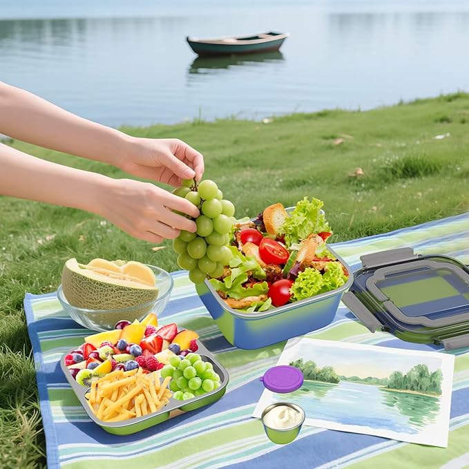 Salad Container for Lunch Large-60-oz,3 Compartment Bento-Style Tray and 1.5-oz Salad Dressings Container,Stainless Steel Food Containers with Lids, Lunch Box, Bento Box (Grey)