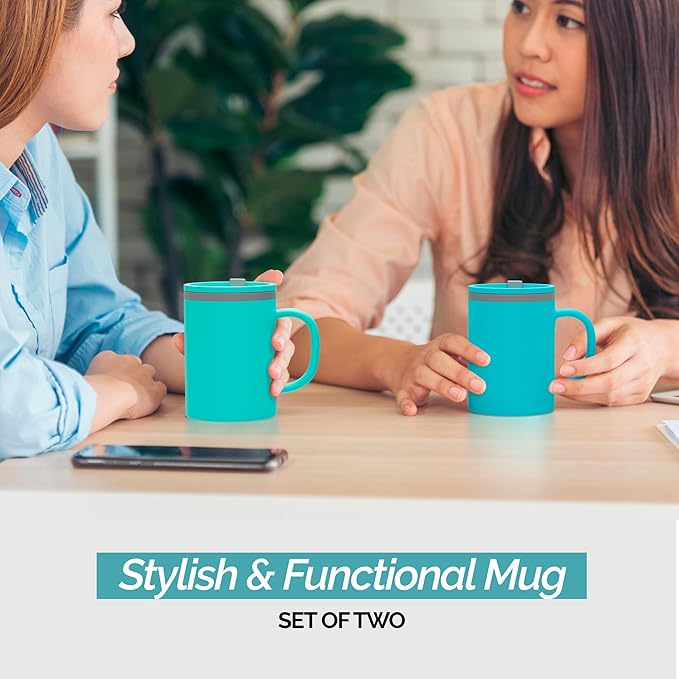 Copco Iconic 16oz Double Wall Insulated Desk Mug with Lid and Handle, Set of 2, BPA-Free Reusable Plastic, Spill-Resistant, Microwave & Dishwasher Safe, Wide Mouth (Aqua/Mint)