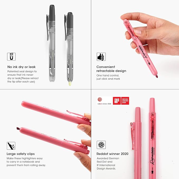 WRITECH Retractable Highlighters Chisel Tip: Assorted Colors 24ct Set | Multi Color Ink Mild Vintage Neon Pastel Big Pack No Bleed & Smear for Highlighting Journaling Drawing Coloring Note-taking
