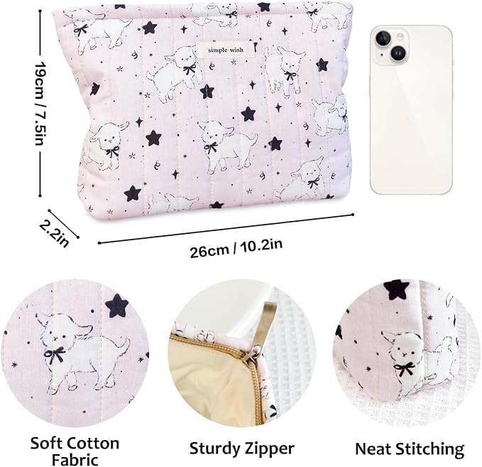 STARDW Cute Cotton Quilted Makeup Bag Cosmetic Bags for Women and Girls | Soft Quilted Makeup Pouch with Zipper, Large Capacity Travel Toiletry Bag, Aesthetic Purse Organizer Pouches, Canvas Lining