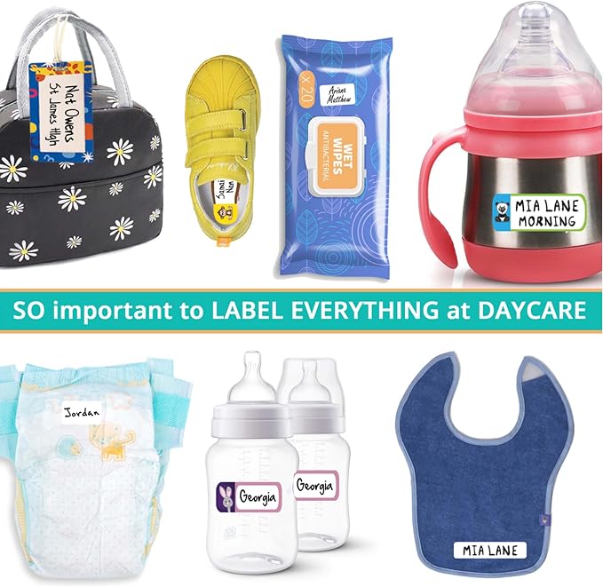 All-in-one Daycare Labels Essentials Pack - 168 Waterproof Name Labels for Kids Stuff Daycare, Clothing Name Stickers for Kids, Baby Bottle, Name Tags for Clothing, Gift Label Sticker & Bag Tags