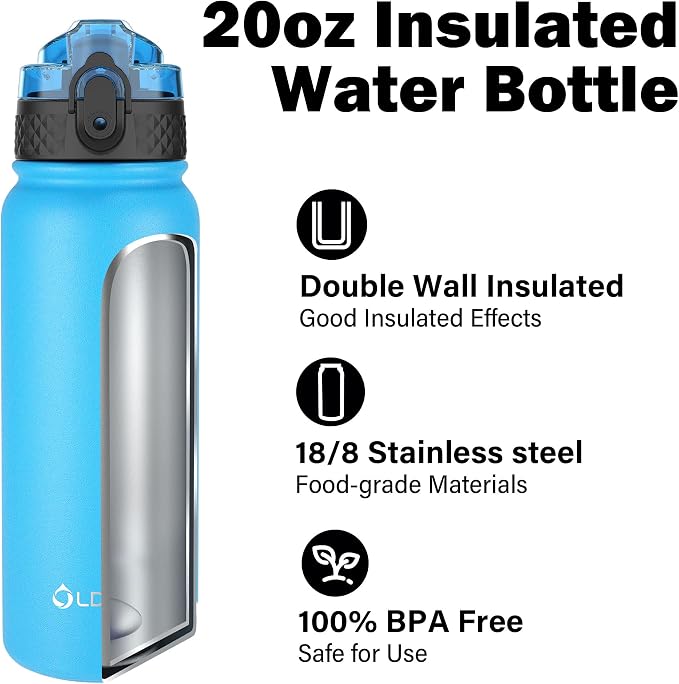 Oldley Insulated Water Bottle 20oz Water Bottles with Straw, Stainless Steel Water Bottle with 3 Lids, Double Wall Vacuum Bottles for Adult Kids, Sports Bottles for School Travel,Blue