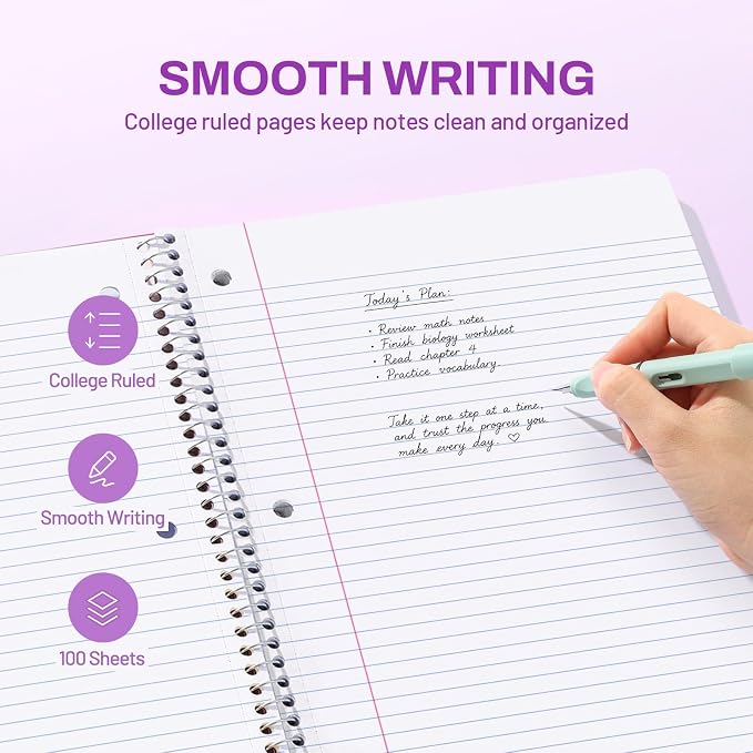 SUNEE Spiral Notebook, 1-Subject, College Ruled Paper, 8" x 10-1/2", 100 Sheets per Notebook, 3-Hole Punched Paper, Water Resistant Cover, Double-sided Pockets, Dark Purple