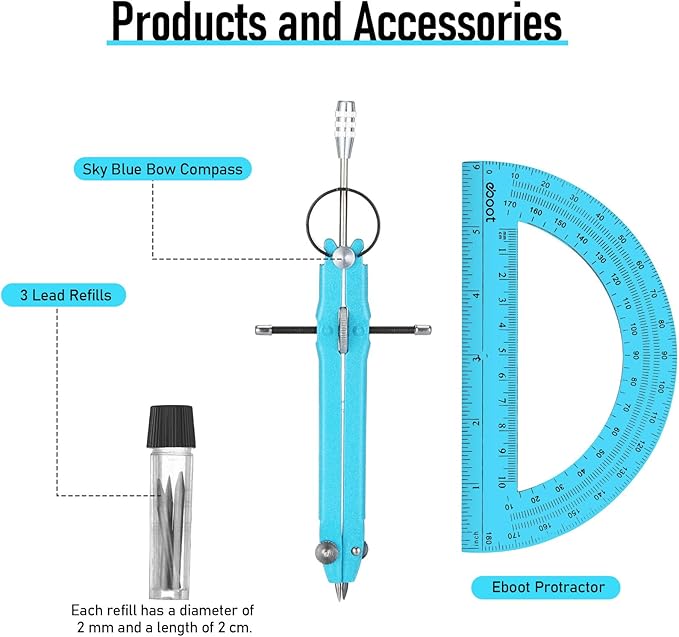 EBOOT Student Geometry Math Set, Metal Drawing Compass and 6 Inch Clear Swing Arm Protractors 180 Degree Math Protractor(Blue and Blue)