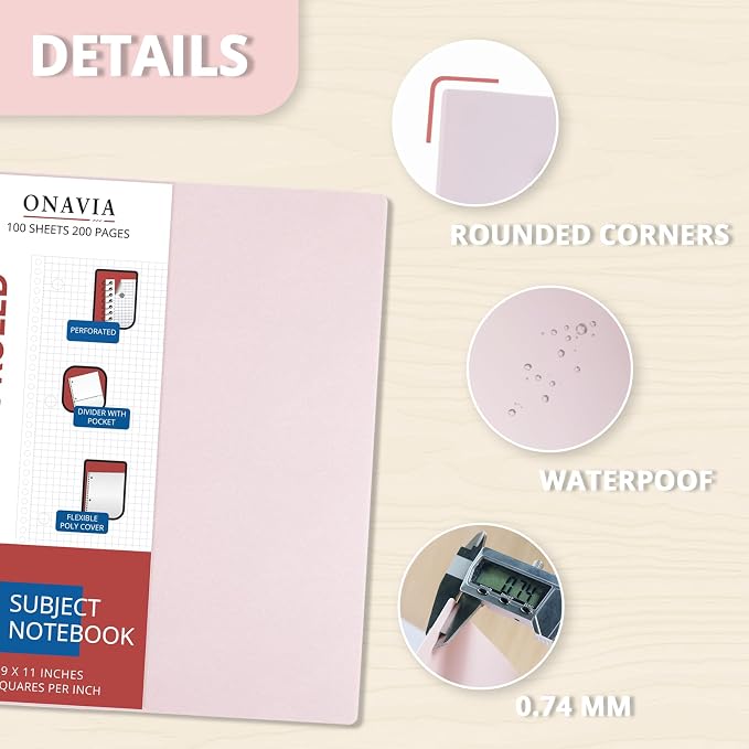 ONAVIA 1 Subject Graph Paper Spiral Notebook 3 Pack, 200 Pages, Black