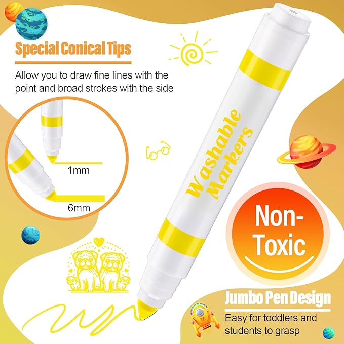 24 Pcs Washable Markers Bulk Broad Line Markers Coloring Conical Tip Large pens for Kids art projects, Teachers, Students, Toddlers, Party Favors, Classrooms, Donations(Yellow)