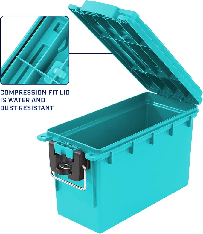 Sheffield 12633 Ammo Storage Box, Stackable .30 Cal Field Boxes, Water and Dust Resistant, Lockable Storage Box with Handle, Secures Hunting Gear, Supplies, and Bullets, Made in USA, Teal,(Pack of 6)