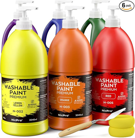 Nicpro 6 Colors Large Washable Paint Set (69 oz, 2040ml), Acrylic Bulk Paint Supplies Non Toxic Children Tempera Paint for Art, Craft DIY, Poster & Finger Paint, School, Home,Classroom