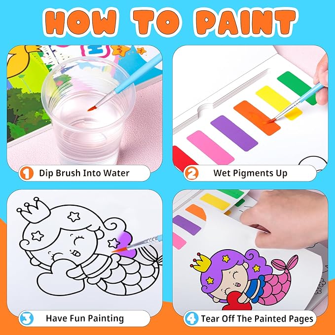 Fenmay Paint with Water Books for Kids, Mess Free Coloring Books with 2 Premium Brushes for Kids Ages 3-5, 4-8, Arts and Crafts Drawing Activities Birthday Gift (Princess)