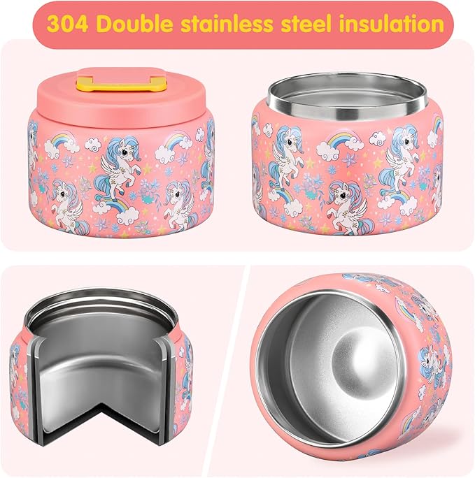 JXXM 8 Oz Thermo Food Jar for Hot & Cold Food for Kids, Insulated Lunch Containers Hot Food Jar,Leak-Proof Vacuum Stainless Steel Wide Mouth Lunch Soup Thermo for School (PINK-Unicorn)