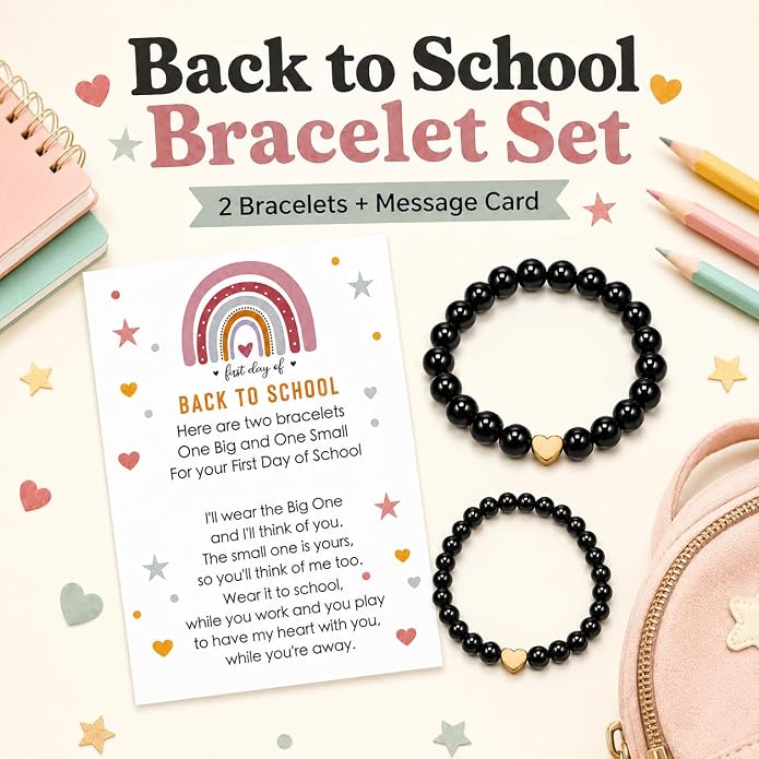 Back to School Bracelets Heart Matching Mommy and Me Elastic Wish Strings Bead Bracelets First Day of School Supplies Gifts