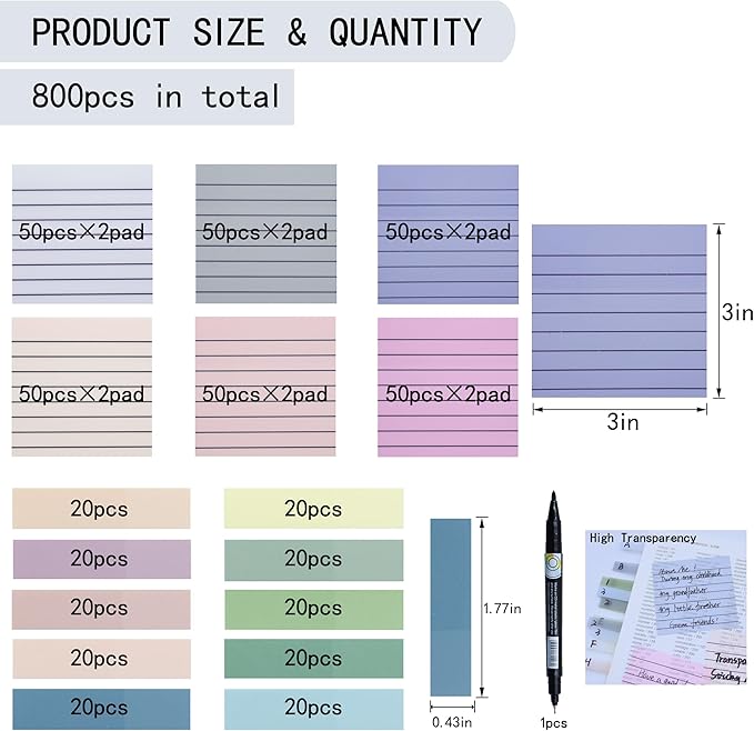 YOUDEFUL 800Pcs Transparent Sticky Notes, 3"x3" Clear Sticky Notes with Lined, Waterproof Translucent Sticky Note Pads for Books Annotation, Clear Post it Notes for Bible Study, School, Office