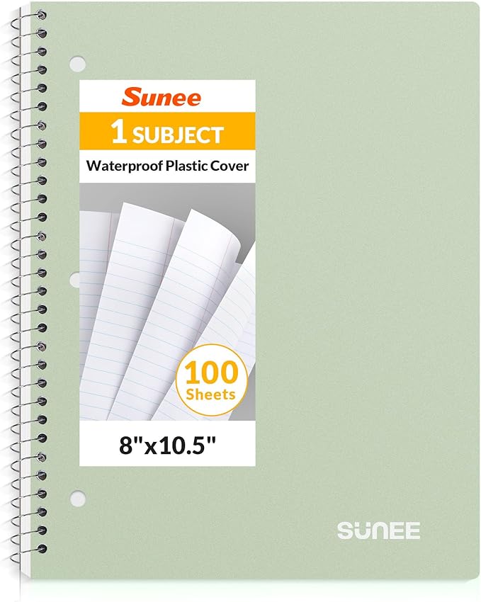 SUNEE Spiral Notebook, 1-Subject, College Ruled Paper, 8" x 10-1/2", 100 Sheets per Notebook, 3-Hole Punched Paper, Water Resistant Cover, Double-sided Pockets, Spiral Lined Notebooks for Work, Green