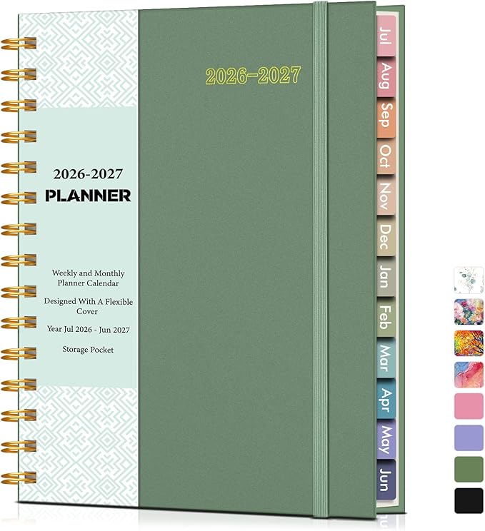 Academic Planner 2026-2027, Weekly and Monthly Calendar Planner from July 2026 - June 2027, 6.1" x 8.2" A5 Large Daily Agenda Book with Tabs, Flexible Cover, College School Organizer for Student Teacher,Green