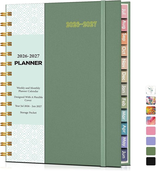 Academic Planner 2026-2027, Weekly and Monthly Calendar Planner from July 2026 - June 2027, 6.1" x 8.2" A5 Large Daily Agenda Book with Tabs, Flexible Cover, College School Organizer for Student Teacher,Green