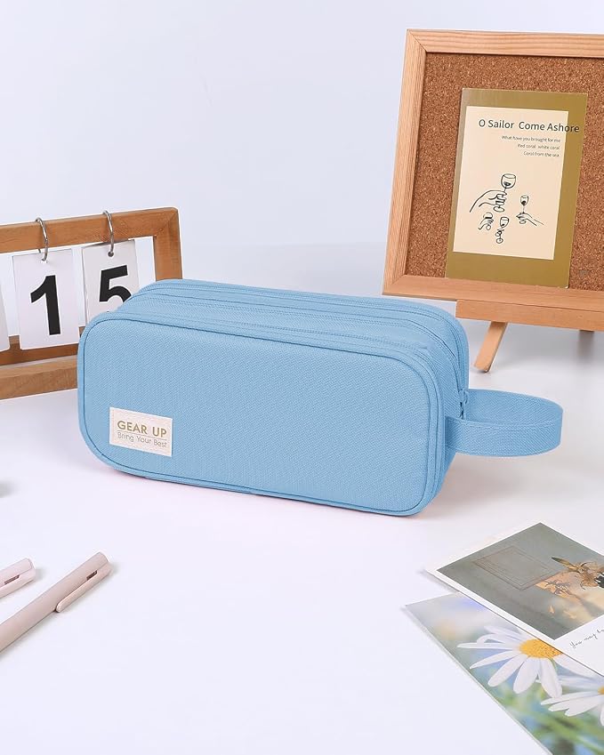 SKYDUE Large Capacity Pencil Case with Handle, 3 Compartment Canvas Pencil Pouch, Cute Soft Color Pencil Bag for Pens, Markers, Aesthetic Stationery and Organizer for Teen Girls Adult, Light Blue