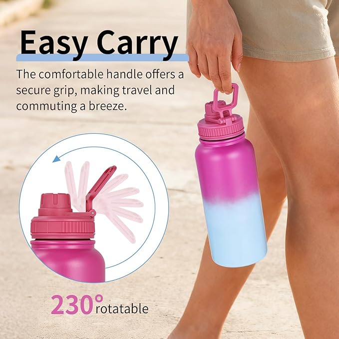 Gulex Motivational Water Bottle 32oz with Time Marker- Leakproof & BPA Free Sports Water Bottle with Straw & Carry Strap for Gym, Travel and Outdoor Sports (Stainless steel insulation-PurpleBlue)