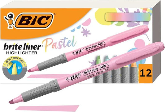 BIC Brite Liner Grip Pastel Highlighter Set, Chisel Tip, Pack of Pastel Highlighters in Assorted Colors (colors may vary), Cute Highlighters for Bullet Journaling, Note Taking and More (Pack of 18)