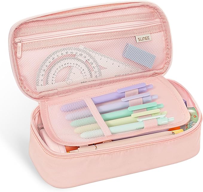 SUNEE Cute Pencil Case, Large Capacity Pencil Pouch, Big Storage Organizer for Stationery, Zipper Pen Bag,Back to School Supplies,Office Water-Repellent Nylon Pencil Bag for Teen Girls Boys,Light Pink