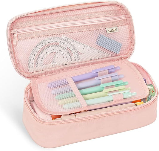 SUNEE Cute Pencil Case, Large Capacity Pencil Pouch, Big Storage Organizer for Stationery, Zipper Pen Bag,Back to School Supplies,Office Water-Repellent Nylon Pencil Bag for Teen Girls Boys,Light Pink