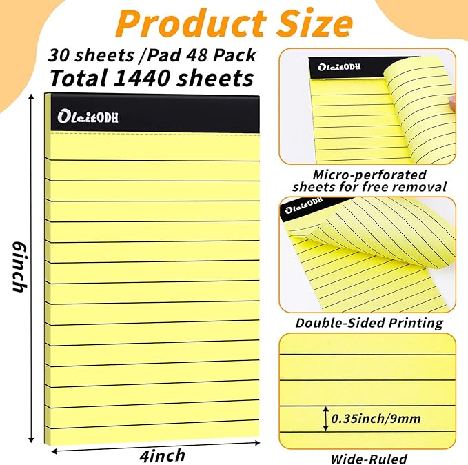 Oleitodh 4x6 Notepads – 48 Pack Yellow Memo Pads Small Writing Pads with Perforated Lined Pages, Mini Note Pads 30 Sheets per Lined Note Pads 4x6, Pocket Notepads for Office School Home Supplies