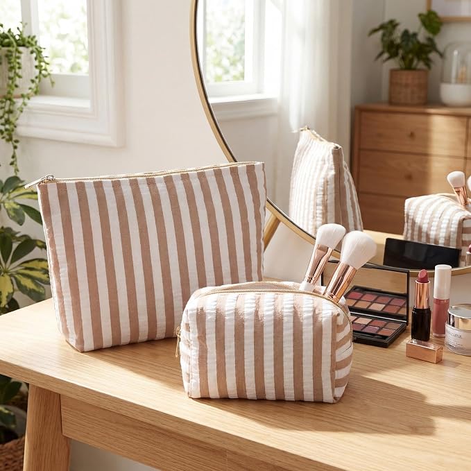 Huhumy 2 Pcs Makeup Bag Set for Women, Khaki, Wide Striped Seersucker | Cute Cosmetic Pouch Women Travel Toiletry Bag Preppy Small Makeup Purse Pouch Aesthetic Skincare Brushes Storage Organizer