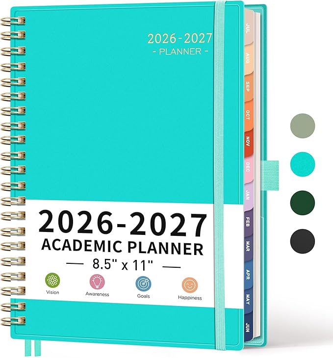 RETTACY Academic Planner 2026-2027, Weekly and Monthly, July 2026 - June 2027, Large Size (8.5" x 11"), Calendar, Agenda, 12-Month Tabs, for Student, Teacher, School (Tiffani Blue)