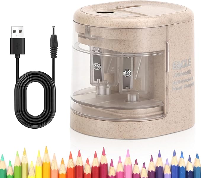 Eagle Electric Pencil Sharpener, Battery or USB Operated, Dual Holes, Dual Blades, fit for Pencils of Size 6-8mm and 9-12mm (Stramineous)