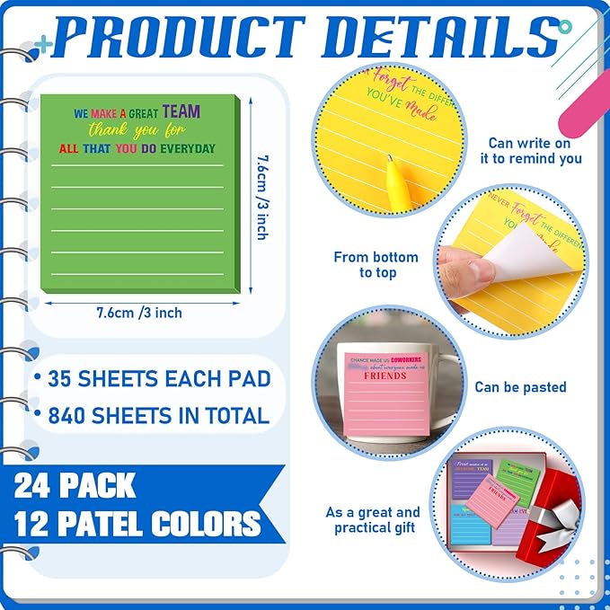 Yinder 24 Pcs Inspirational Sticky Notes Cute Motivational Sticky Notes Pad End of Year Employee Appreciation Gifts Bulk for Teacher Nurse Coworkers Office Supplies 3 x 3'' (Thank You,Dark)