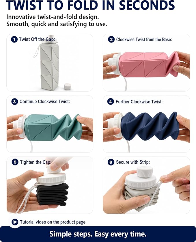 BEAUTAIL Collapsible Water Bottles 21oz/610mL, Silicone Travel Water Bottle | BPA Free, Leakproof & Reusable, Foldable Water Bottle for Traveling, Hiking, School, Sports, Outdoor, 2-Pack, Black+DarkBlue