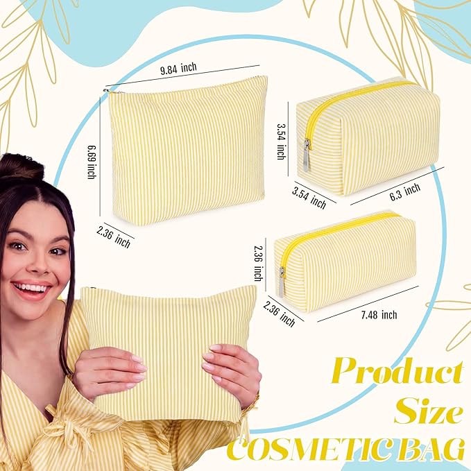 Huhumy 3 Pcs Makeup Bag Set Cute Stripe Cosmetic Pouch for Women Aesthetic Seersucker Travel Toiletry Bag Set Preppy Small Makeup Purse Pouch Cosmetic Organizer Pencil Case with Zipper(Yellow)