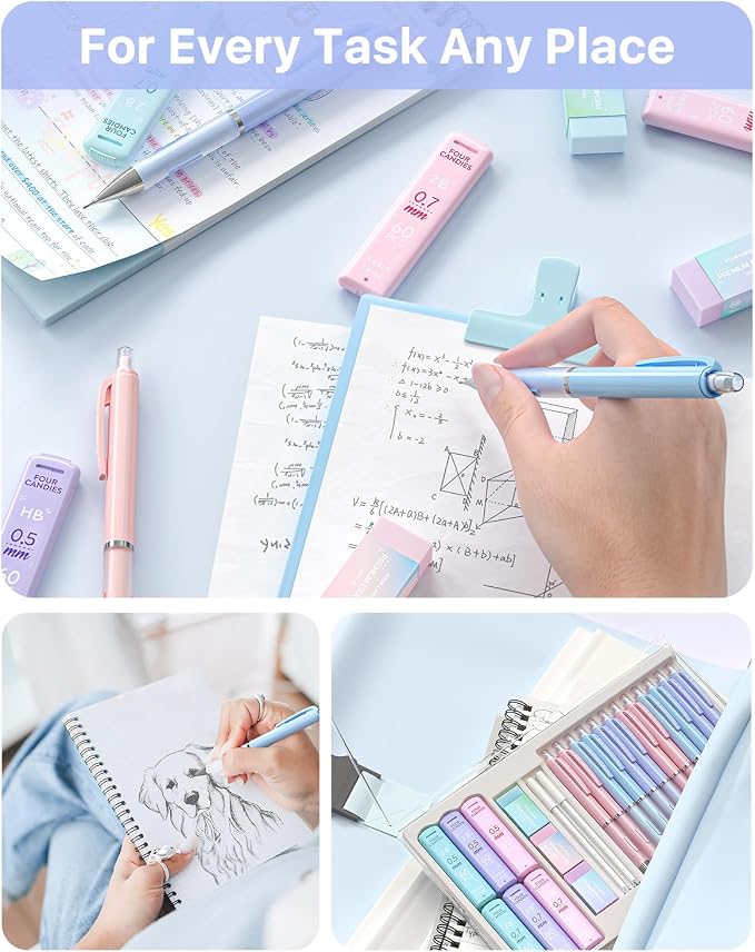 Four Candies Pastel Mechanical Pencil Set, 0.5mm & 0.7mm Point, Pack of 12 | 720 HB/2B Leads, 3 Erasers+18 Refills, Storage Case, Cute Pink/Purple/Blue Barrels, Rubber Grip, for Notes & Drawing